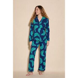 Cosabella x Studio 189 Bella Long Sleeve Pajama Set Navy Green Leaf Print NEW